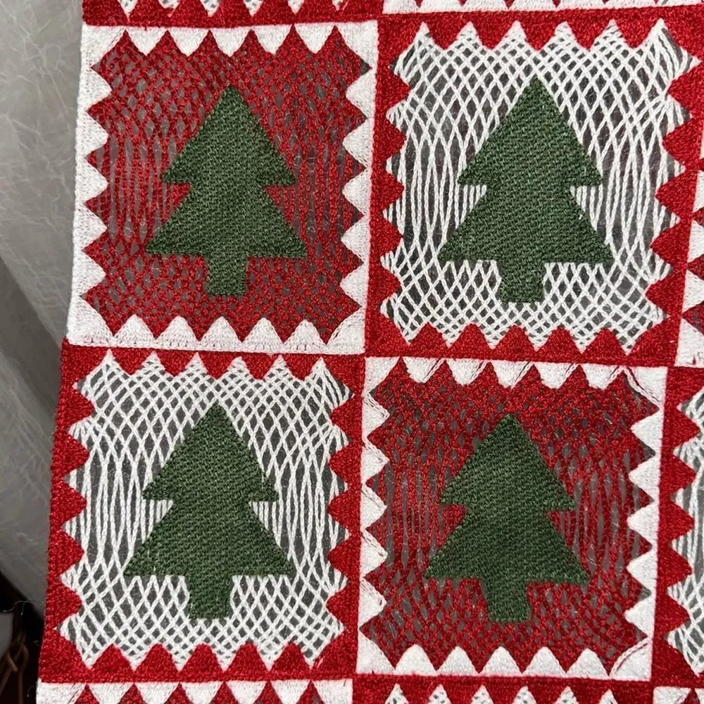FARM FRESH White Green Red Crochet Christmas Tree Print Table Runner